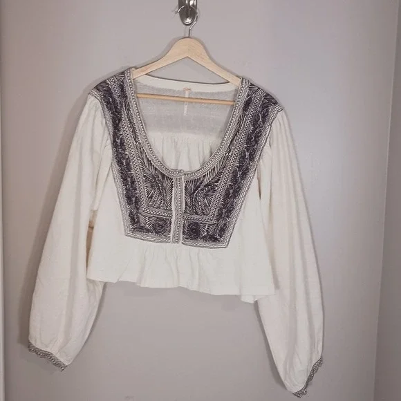Free People Cotton Embroidered Crop Boho Hippie Festival Women's Blouse Size L - Picture 1 of 8